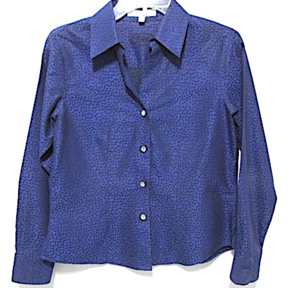 Foxcroft Blue Sateen Fitted Cotton Blouse, Size 4P